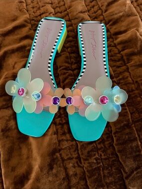 Betsey Johnson Turquoise Floral Jewel Slide Sandals
